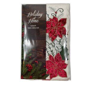 Holiday Christmas Elrene Poinsettia Cut Work Fabric Tablecloth 60" x 102" Oblong
